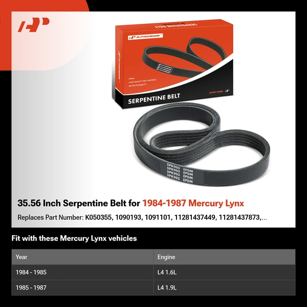 35.56 Inch Serpentine Belt for 1984-1987 Mercury Lynx