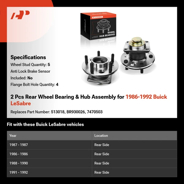 2 Pcs Rear Wheel Bearing & Hub Assembly for 1986-1992 Buick LeSabre