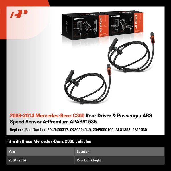 2008-2014 Mercedes-Benz C300 Rear Driver & Passenger ABS Speed Sensor A-Premium APABS1535