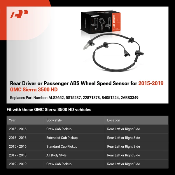 Rear Driver or Passenger ABS Wheel Speed Sensor for 2015-2019 GMC Sierra 3500 HD