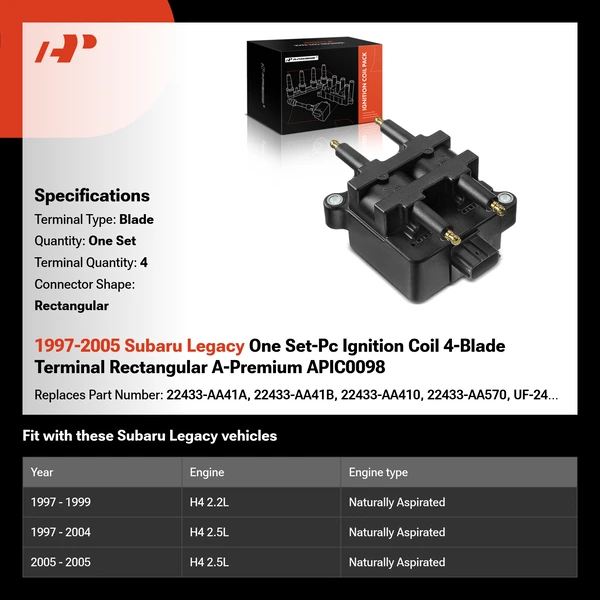 1997-2005 Subaru Legacy One Set-Pc Ignition Coil 4-Blade Terminal Rectangular A-Premium APIC0098