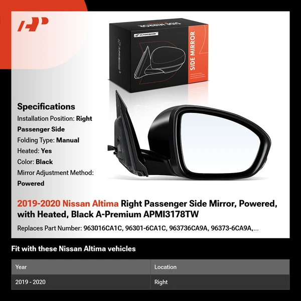 2019-2020 Nissan Altima Right Passenger Side Mirror, Powered, with Heated, Black A-Premium APMI3178TW