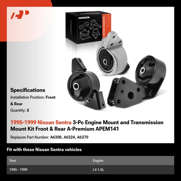 1995-1999 Nissan Sentra 3-Pc Engine Mount and Transmission Mount Kit Front & Rear A-Premium APEM141