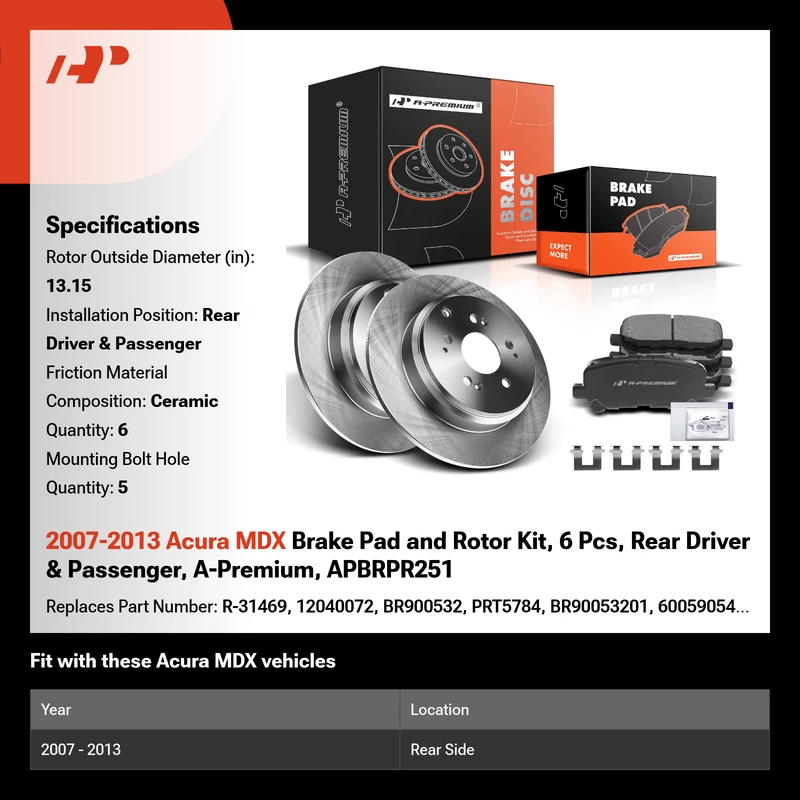 2007-2013 Acura MDX Brake Pad and Rotor Kit, 6 Pcs, Rear Driver & Passenger, A-Premium, APBRPR251