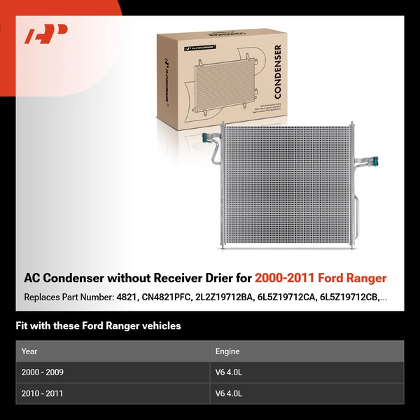 AC Condenser without Receiver Drier for 2000-2011 Ford Ranger