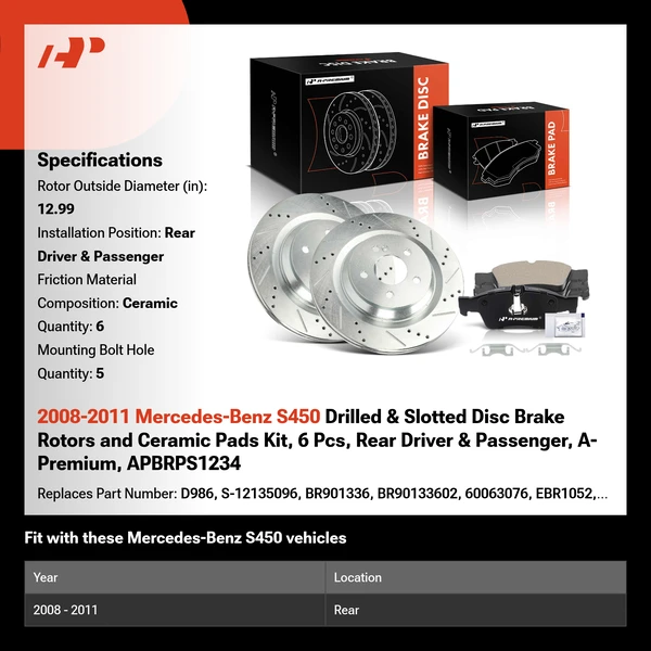 2008-2011 Mercedes-Benz S450 Drilled & Slotted Disc Brake Rotors and Ceramic Pads Kit, 6 Pcs, Rear Driver & Passenger, A-Premium, APBRPS1234