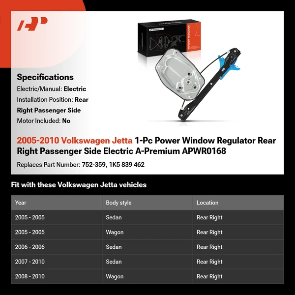 2005-2010 Volkswagen Jetta 1-Pc Power Window Regulator Rear Right Passenger Side Electric A-Premium APWR0168