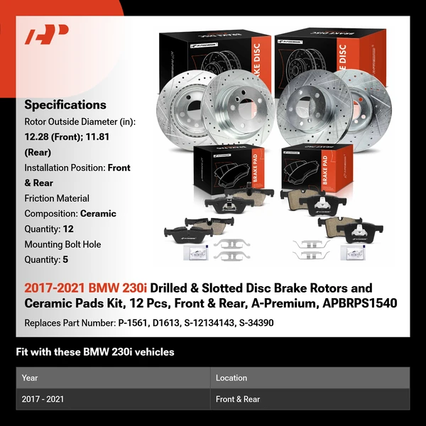 2017-2021 BMW 230i Drilled & Slotted Disc Brake Rotors and Ceramic Pads Kit, 12 Pcs, Front & Rear, A-Premium, APBRPS1540