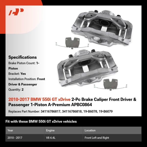 2010-2017 BMW 550i GT xDrive 2-Pc Brake Caliper Front Driver & Passenger 1-Piston A-Premium APBC0864
