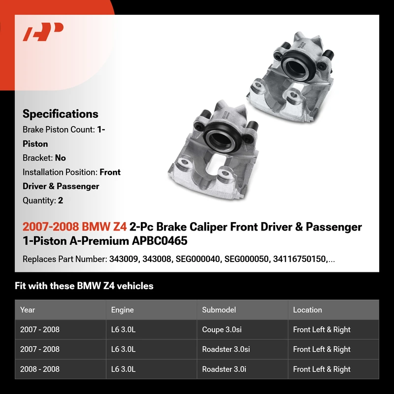 2007-2008 BMW Z4 2-Pc Brake Caliper Front Driver & Passenger 1-Piston A-Premium APBC0465