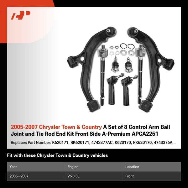 2005-2007 Chrysler Town & Country A Set of 8 Control Arm Ball Joint and Tie Rod End Kit Front Side A-Premium APCA2251