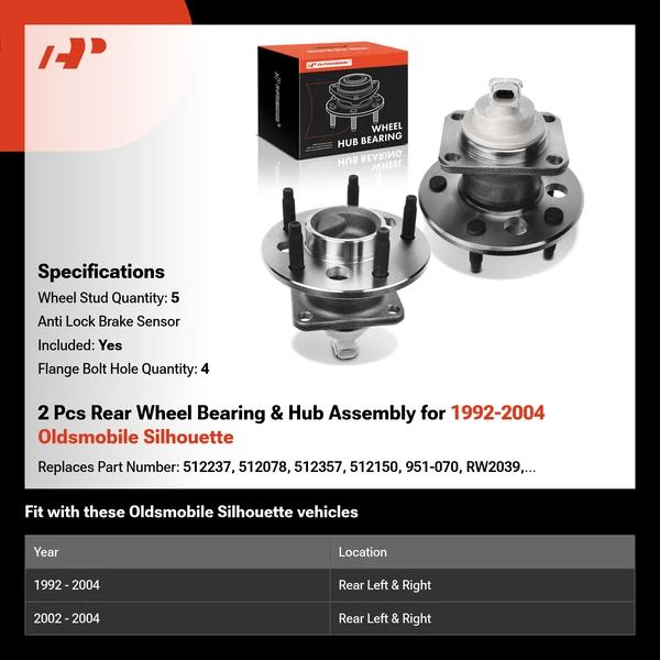 2 Pcs Rear Wheel Bearing & Hub Assembly for 1992-2004 Oldsmobile Silhouette