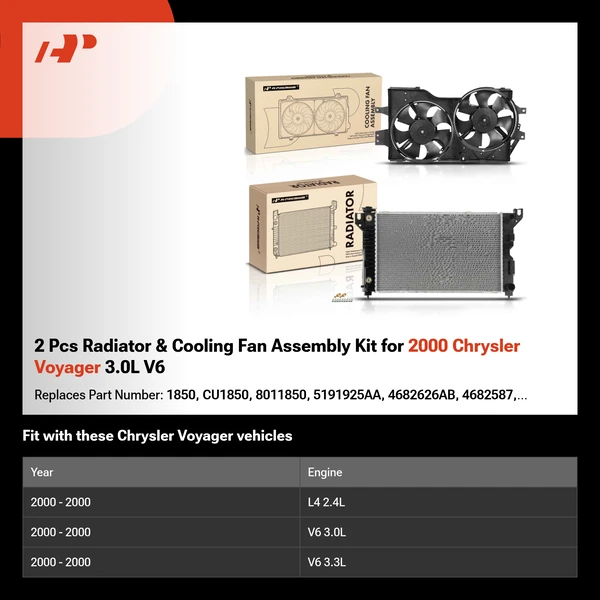 2 Pcs Radiator & Cooling Fan Assembly Kit for 2000 Chrysler Voyager 3.0L V6