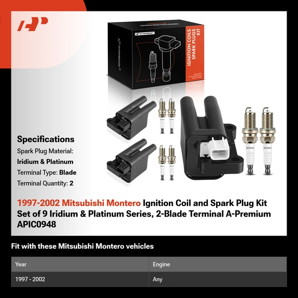 1997-2002 Mitsubishi Montero Ignition Coil and Spark Plug Kit Set of 9 Iridium & Platinum Series, 2-Blade Terminal A-Premium APIC0948