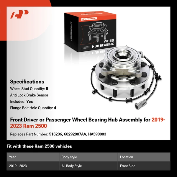Front Driver or Passenger Wheel Bearing Hub Assembly for 2019-2023 Ram 2500