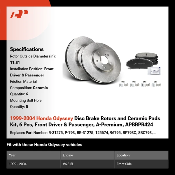 1999-2004 Honda Odyssey Disc Brake Rotors and Ceramic Pads Kit, 6 Pcs, Front Driver & Passenger, A-Premium, APBRPR424
