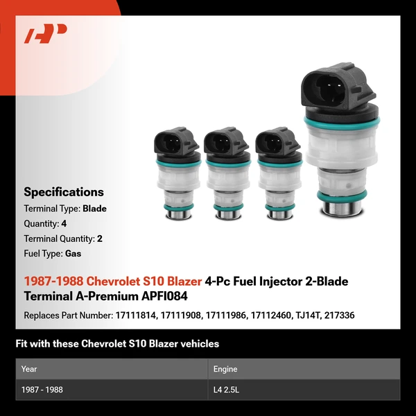 1987-1988 Chevrolet S10 Blazer 4-Pc Fuel Injector 2-Blade Terminal A-Premium APFI084