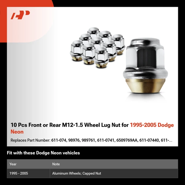 10 Pcs Front or Rear M12-1.5 Wheel Lug Nut for 1995-2005 Dodge Neon