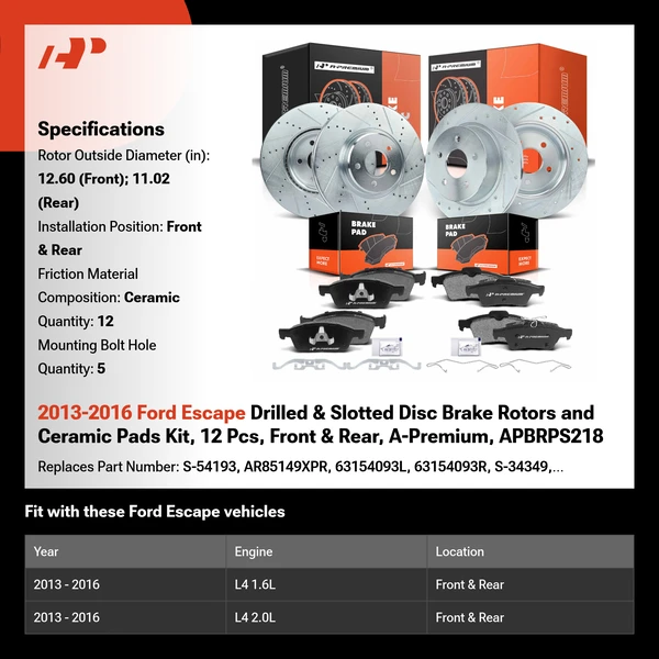 2013-2016 Ford Escape Drilled & Slotted Disc Brake Rotors and Ceramic Pads Kit, 12 Pcs, Front & Rear, A-Premium, APBRPS218