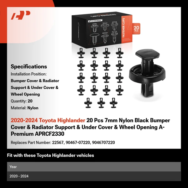 2020-2024 Toyota Highlander 20 Pcs 7mm Nylon Black Bumper Cover & Radiator Support & Under Cover & Wheel Opening A-Premium APRCF2330