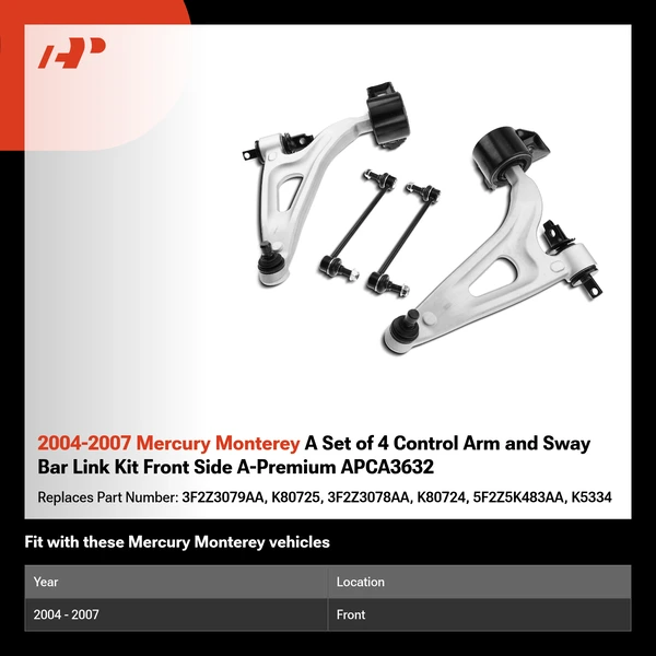 2004-2007 Mercury Monterey A Set of 4 Control Arm and Sway Bar Link Kit Front Side A-Premium APCA3632