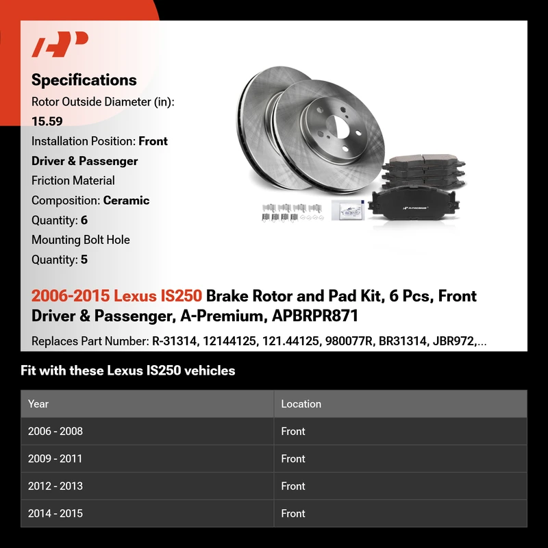 2006-2015 Lexus IS250 Brake Rotor and Pad Kit, 6 Pcs, Front Driver & Passenger, A-Premium, APBRPR871