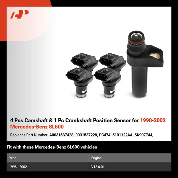 4 Pcs Camshaft & 1 Pc Crankshaft Position Sensor for 1998-2002 Mercedes-Benz SL600