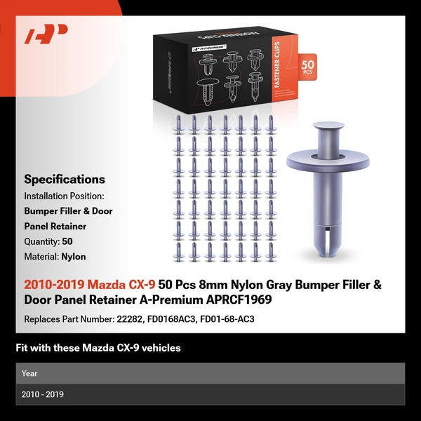 2010-2019 Mazda CX-9 50 Pcs 8mm Nylon Gray Bumper Filler & Door Panel Retainer A-Premium APRCF1969