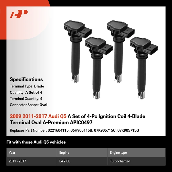 2009 2011-2017 Audi Q5 A Set of 4-Pc Ignition Coil 4-Blade Terminal Oval A-Premium APIC0497