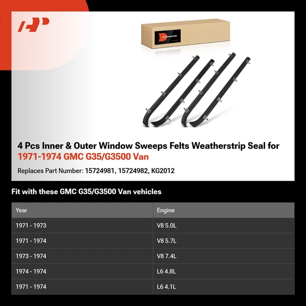 4 Pcs Inner & Outer Window Sweeps Felts Weatherstrip Seal for 1971-1974 GMC G35/G3500 Van
