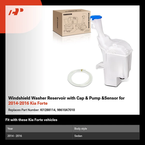 Windshield Washer Reservoir with Cap & Pump &Sensor for 2014-2016 Kia Forte