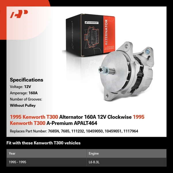 1995 Kenworth T300 Alternator 160A 12V Clockwise 1995 Kenworth T300 A-Premium APALT464