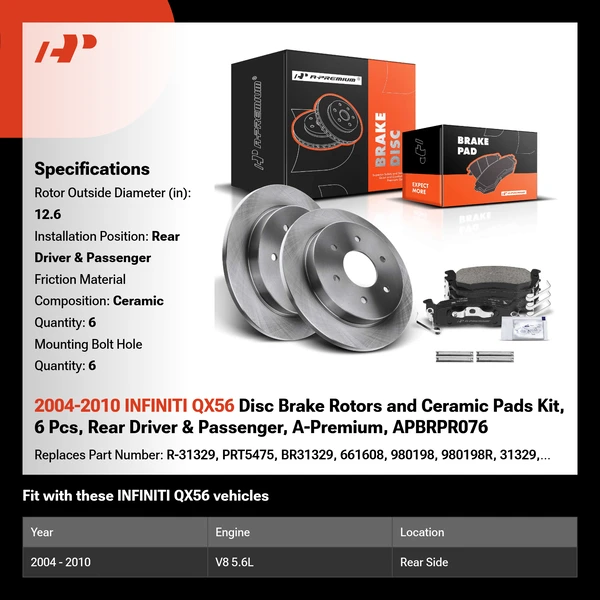 2004-2010 INFINITI QX56 Disc Brake Rotors and Ceramic Pads Kit, 6 Pcs, Rear Driver & Passenger, A-Premium, APBRPR076