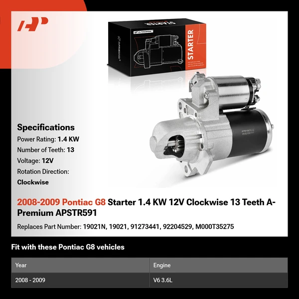 2008-2009 Pontiac G8 Starter 1.4 KW 12V Clockwise 13 Teeth A-Premium APSTR591