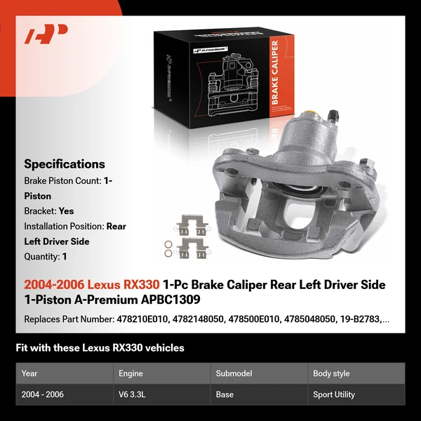 2004-2006 Lexus RX330 1-Pc Brake Caliper Rear Left Driver Side 1-Piston A-Premium APBC1309