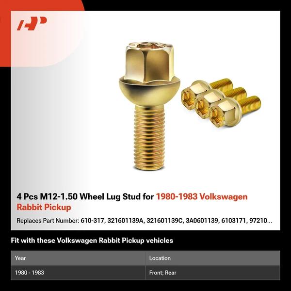 4 Pcs M12-1.50 Wheel Lug Stud for 1980-1983 Volkswagen Rabbit Pickup