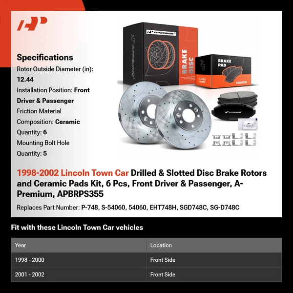 1998-2002 Lincoln Town Car Drilled & Slotted Disc Brake Rotors and Ceramic Pads Kit, 6 Pcs, Front Driver & Passenger, A-Premium, APBRPS355