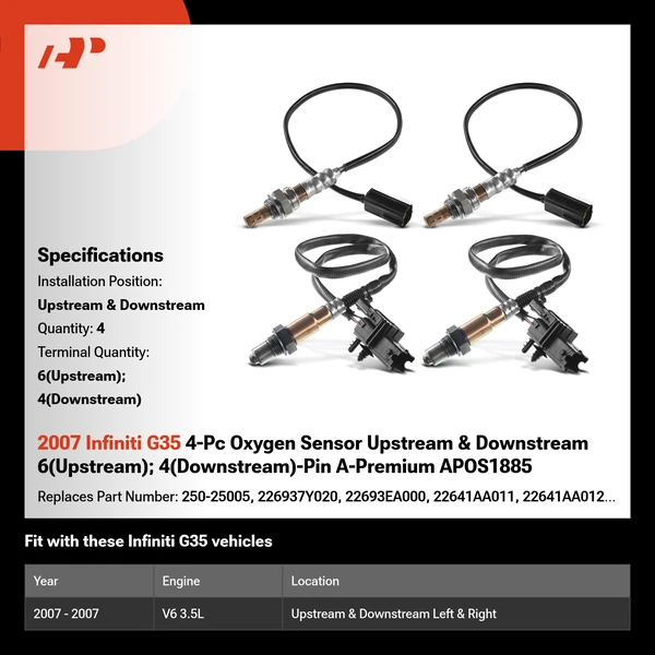 2007 Infiniti G35 4-Pc Oxygen Sensor Upstream & Downstream 6(Upstream); 4(Downstream)-Pin A-Premium APOS1885