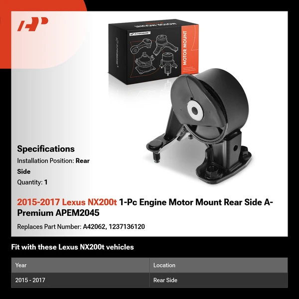 2015-2017 Lexus NX200t 1-Pc Engine Motor Mount Rear Side A-Premium APEM2045