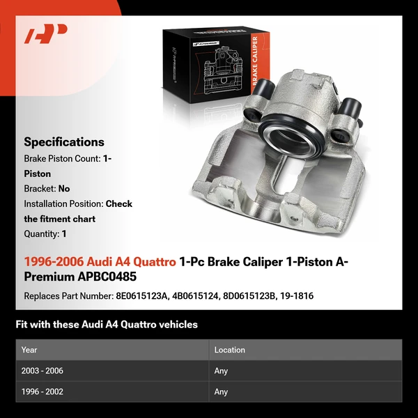 1996-2006 Audi A4 Quattro 1-Pc Brake Caliper 1-Piston A-Premium APBC0485