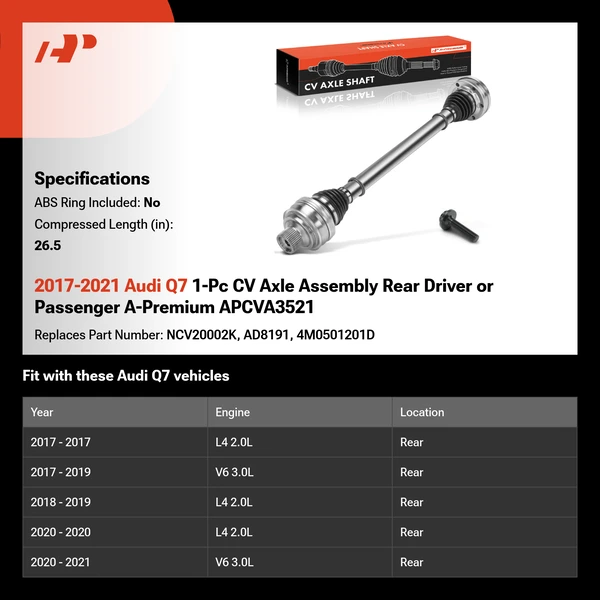 2017-2021 Audi Q7 1-Pc CV Axle Assembly Rear Driver or Passenger A-Premium APCVA3521