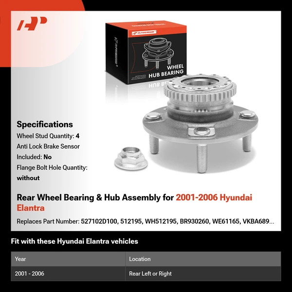 Rear Wheel Bearing & Hub Assembly for 2001-2006 Hyundai Elantra