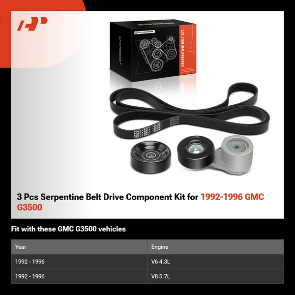 3 Pcs Serpentine Belt Drive Component Kit for 1992-1996 GMC G3500