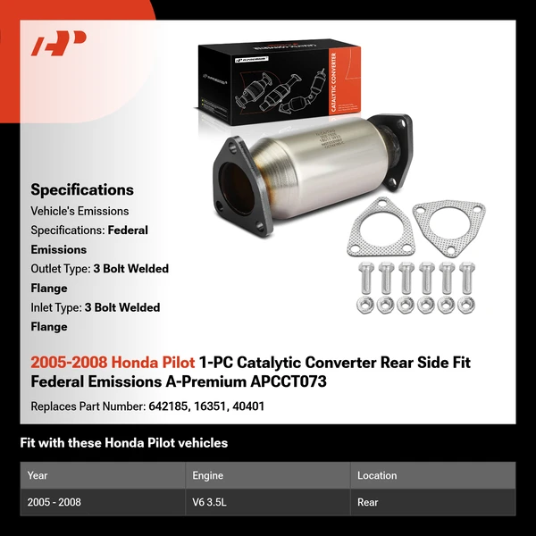 2005-2008 Honda Pilot 1-PC Catalytic Converter Rear Side Fit Federal Emissions A-Premium APCCT073