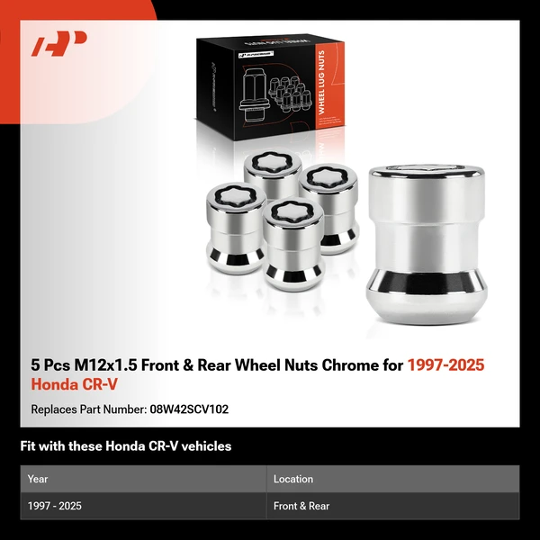 5 Pcs M12x1.5 Front & Rear Wheel Nuts Chrome for 1997-2025 Honda CR-V