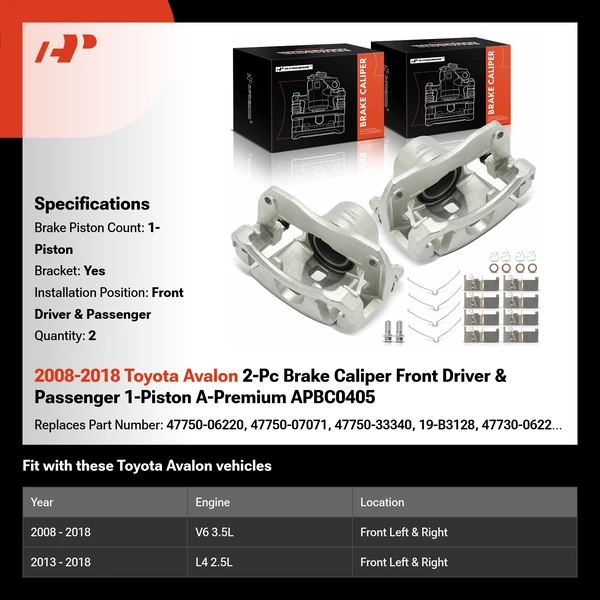 2008-2018 Toyota Avalon 2-Pc Brake Caliper Front Driver & Passenger 1-Piston A-Premium APBC0405