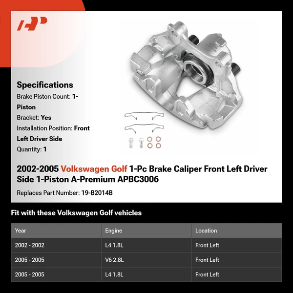 2002-2005 Volkswagen Golf 1-Pc Brake Caliper Front Left Driver Side 1-Piston A-Premium APBC3006