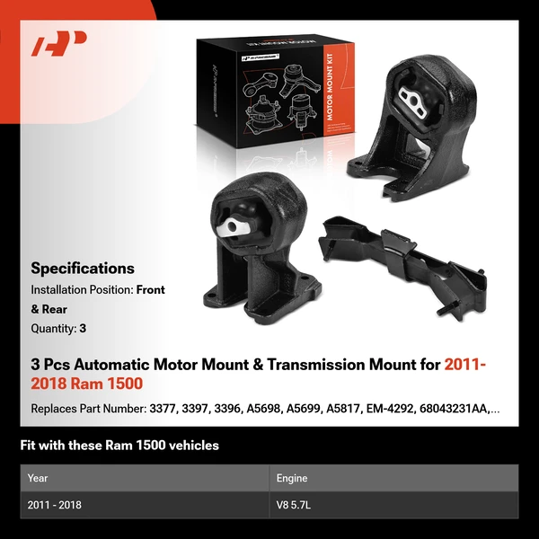 3 Pcs Automatic Motor Mount & Transmission Mount for 2011-2018 Ram 1500