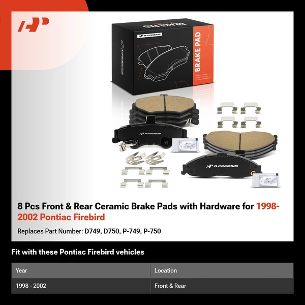 8 Pcs Front & Rear Ceramic Brake Pads with Hardware for 1998-2002 Pontiac Firebird