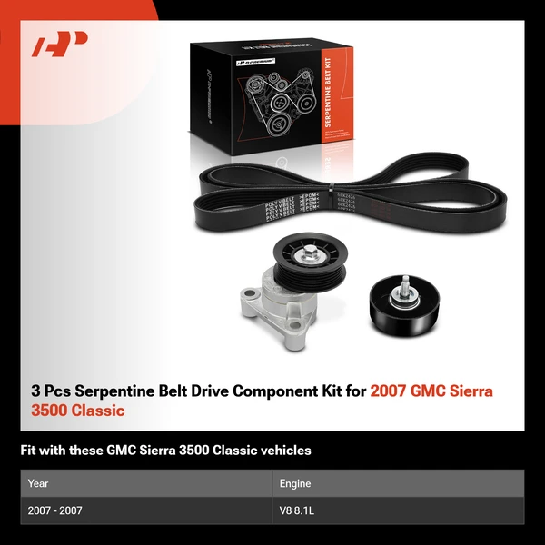 3 Pcs Serpentine Belt Drive Component Kit for 2007 GMC Sierra 3500 Classic